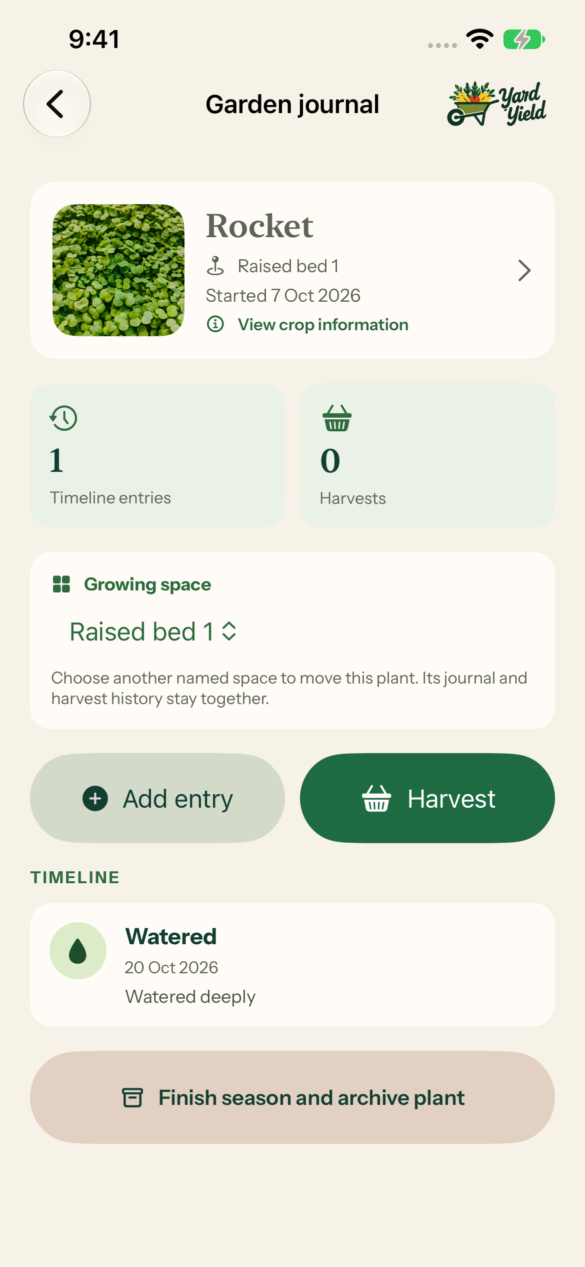 Yard Yield garden journal showing watering and harvest records