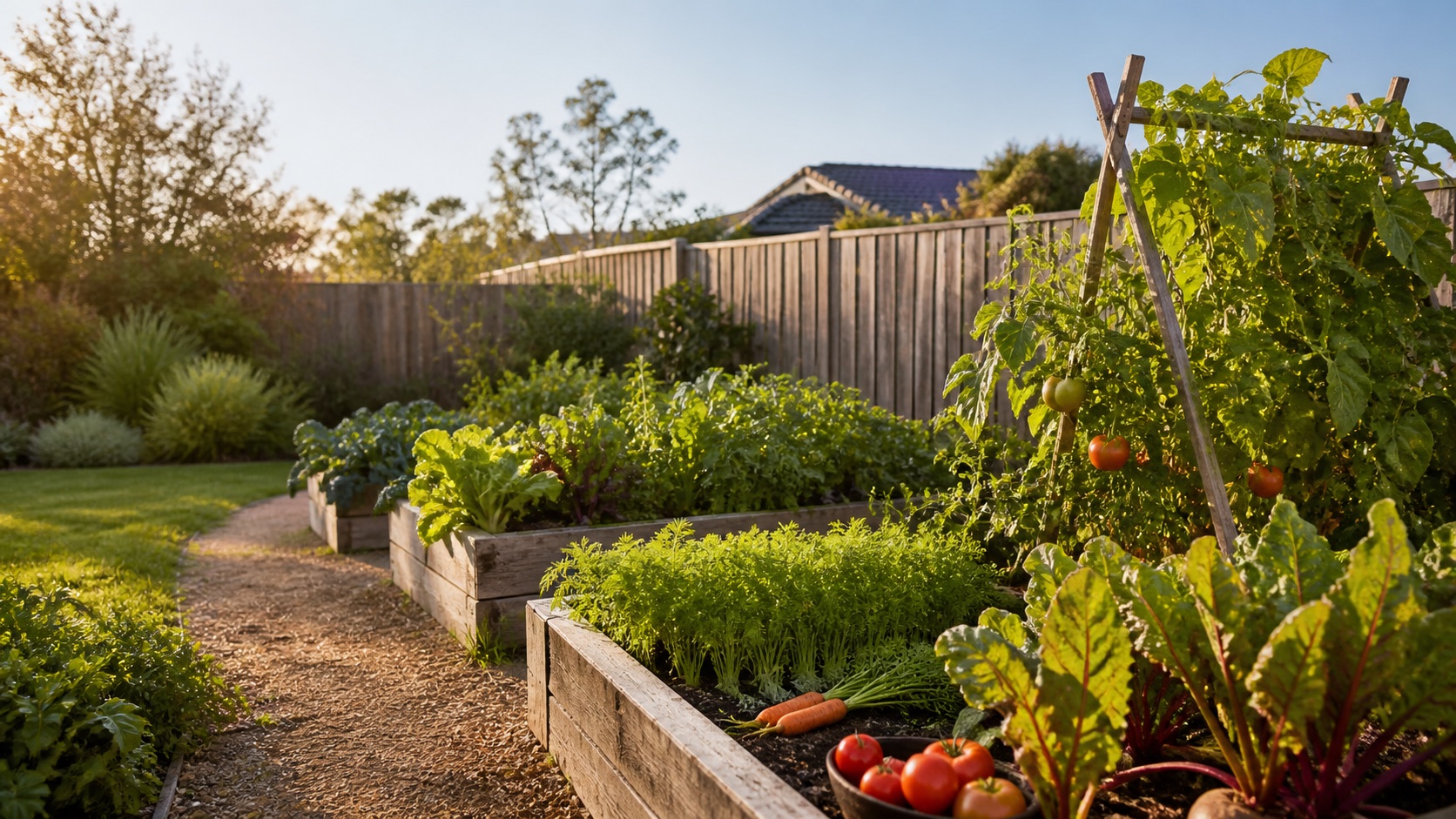 A productive Australian backyard vegetable garden in warm afternoon light