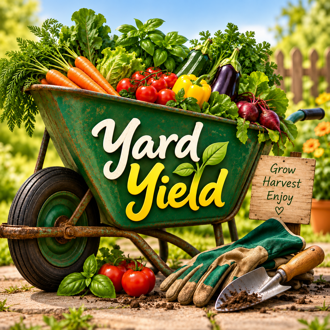 Official Yard Yield wheelbarrow filled with vegetables